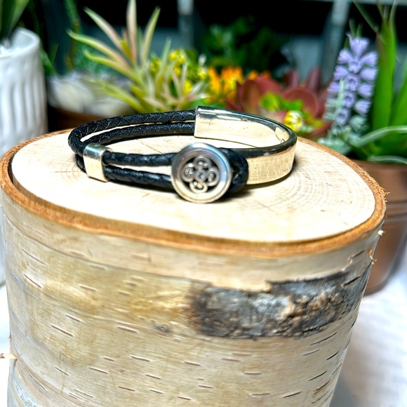 Brighton collectibles bracelet silver black braided leather pull on - Picture 2 of 8